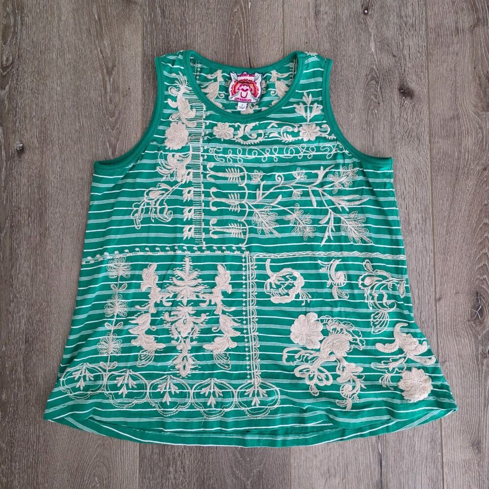 Johnny Was Green Striped Flower Embroidered Tank Top - Size S READ